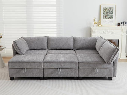 ORRD Sleeper Modular Sectional Sofa Set, Convertible Couch Bed with Storage, 6 Seater and 3 Armrestes Sofa Modular for Living Room, Office (Grey)