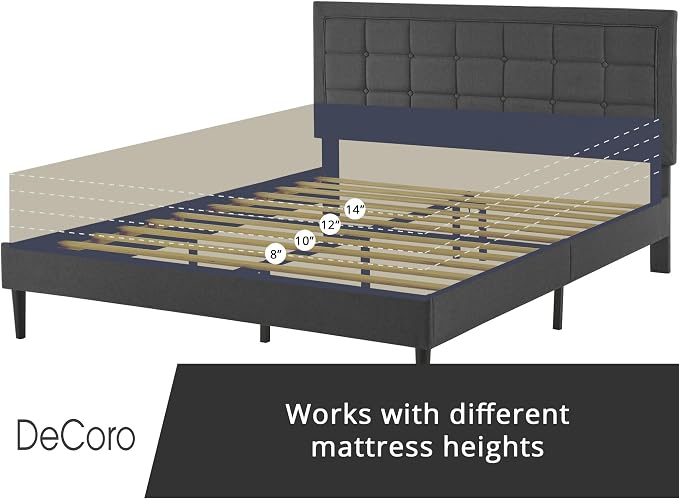 Decoro Mornington Upholstered 2.0 Platform Bed, Button-Tufted Fabric Headboard and Metal Frame with Wood Slat Support, Dark Grey, Queen