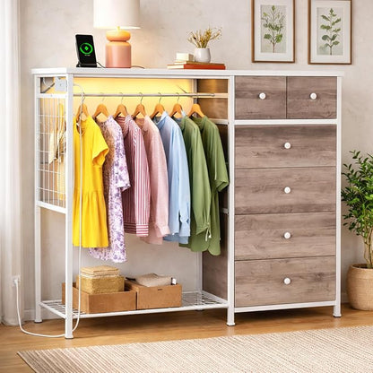Simple Deluxe Storage Clothes Rack with 6 Drawers, Charging Station & LED Lights, Fabric Chest Shelves Clothing Rack, Wooden Portable Wardrobe Closet, 49.2" W x 15.7" D x 47.2" H, Brown