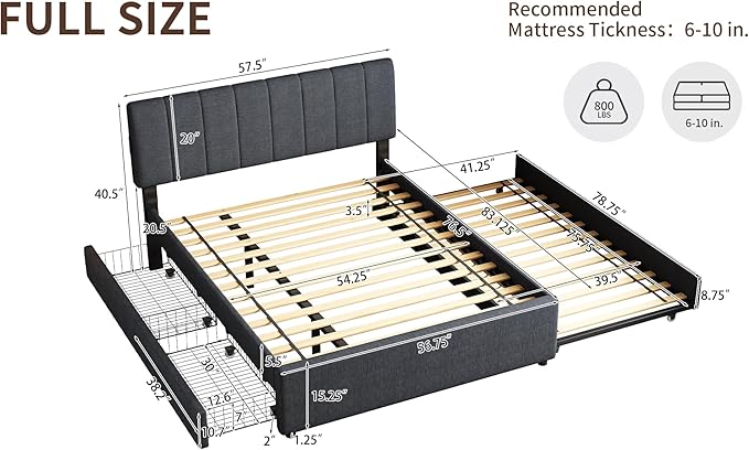 Full Size Upholstered Platform Bed w/Trundle Bed & 2 Storage Drawers | Twin Size Trundle,Two Drawers,LED Lighting Controlled by APP, USB+Type-C Charging Ports,Linen Upholstered Bed Frame,Dark Grey