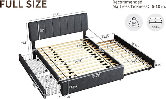 Full Size Upholstered Platform Bed w/Trundle Bed & 2 Storage Drawers | Twin Size Trundle,Two Drawers,LED Lighting Controlled by APP, USB+Type-C Charging Ports,Linen Upholstered Bed Frame,Dark Grey