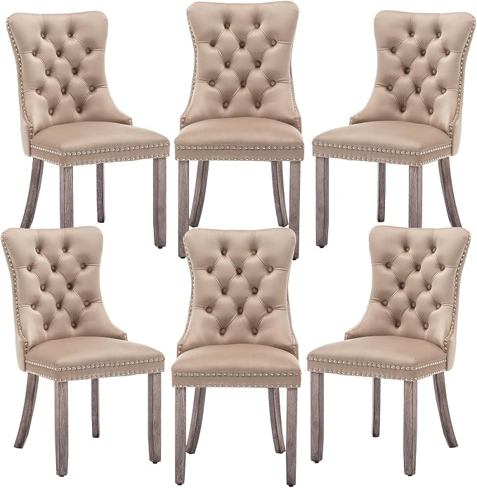 Hixkol Velvet Dining Chairs Set of 6,Upholstered Dining Chairs with Ring Pull Trim and Button Back,Modern Seating for Kitchen, Bedroom,Living Room,Dining Room(Khaki)