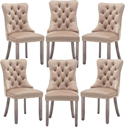 Hixkol Velvet Dining Chairs Set of 6,Upholstered Dining Chairs with Ring Pull Trim and Button Back,Modern Seating for Kitchen, Bedroom,Living Room,Dining Room(Khaki)