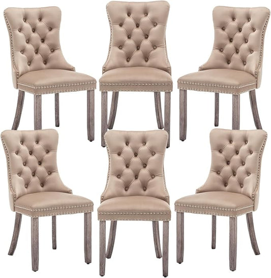 Hixkol Velvet Dining Chairs Set of 6,Upholstered Dining Chairs with Ring Pull Trim and Button Back,Modern Seating for Kitchen, Bedroom,Living Room,Dining Room(Khaki)
