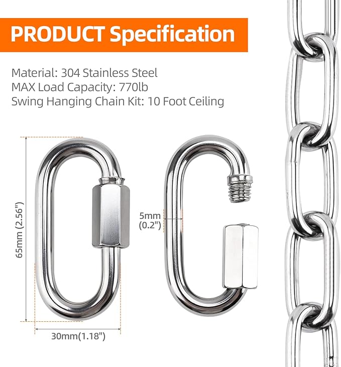 Yaeccc Heavy Duty Porch Swing Hanging Chain Kit,2 Pack Stainless Steel Porch Swing,1500 Lbs Capacity, Indoor/Outdoor Hanging Hardware (Silver, 105'' Long Chain)