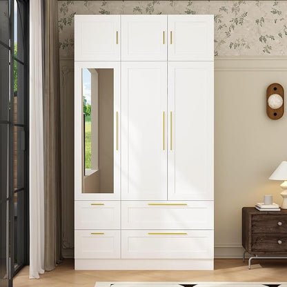 Wardrobe Closet with Mirror, 3 Door Wardrobe with Hanging Rod, 4 Drawers, Shelves, Modern Bedroom Armoire with Gold Handles, White Clothes Cabinet, 20.5”D x 47”W x 86.7”H