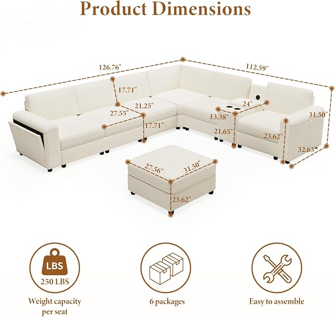 Vesgantti Oversized Modular Sectional Sofa, 6-Seater Chenille L Shaped Modular Sofa with Ottoman, 2 Cup Holders, USB Port, Storage Box, Sectional Couches for Living Room, Meeting Room, Beige