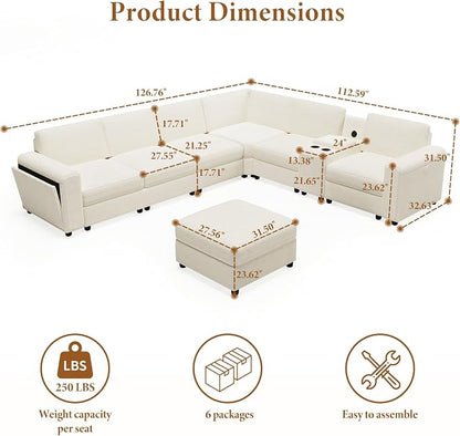 Vesgantti Oversized Modular Sectional Sofa, 6-Seater Chenille L Shaped Modular Sofa with Ottoman, 2 Cup Holders, USB Port, Storage Box, Sectional Couches for Living Room, Meeting Room, Beige