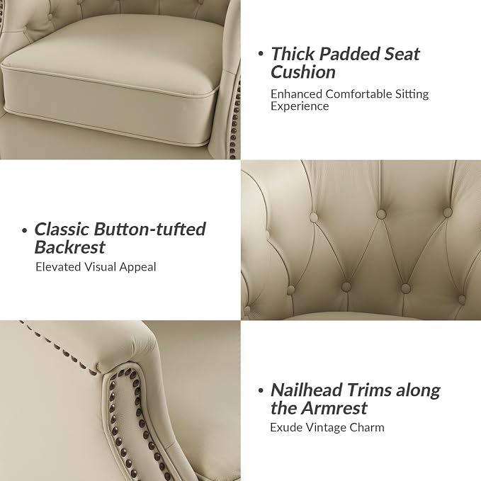 HULALA HOME Genuine Leather Swivel Accent Chair, Swivel Rocker Barrel Chair, Traditional Chesterfield Armchair with Button-Tufted Design, No Assembly Required, Beige