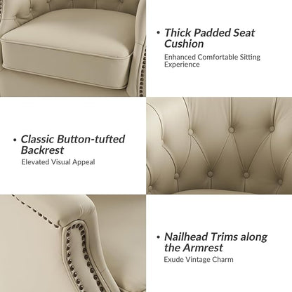 HULALA HOME Genuine Leather Swivel Accent Chairs Set of 2, Swivel Rocker Barrel Chairs, Traditional Chesterfield Armchairs with Button-Tufted Design, No Assembly Required, Beige