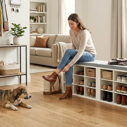 Shoe Rack Bench, Shoe Storage Bench with Cushion, Shoe Organizer 18 Cubbies for Entryway Hallway Bedroom Living Room, Holds Up to 400lbs