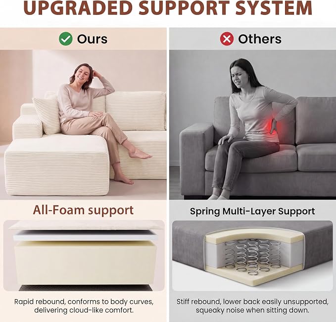 Homall 110" Boneless Sectional Couch, Modular Sectional Sofa L-Shape Couch with Deep Seat, Cloud Comfy Boneless Couch for Living Room, No Assembly Required (Corduroy, Beige)