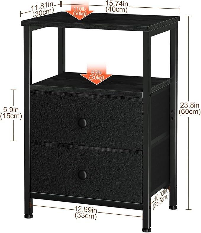 LOAKEKEL Night Stand, Nightstand with 2 Fabric Drawers for Bedroom, Small End Table with Open Storage Shelf for Living Room, Bedisde Table for Apartment, Black, HETS002BK-1