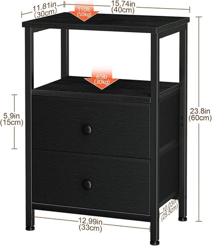 LOAKEKEL Nightstands Set of 2, Night Stand with 2 Fabric Drawers, Bed Side Table with Open Storage Shelf for Bedroom, Small End Tables Living Room, Black, HETS002BK