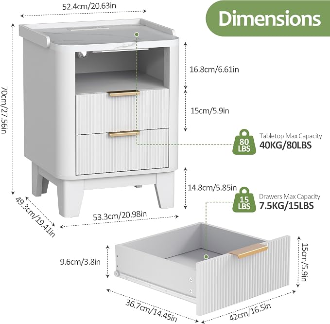 Turosur Night Stand with Charging Station, Fluted Nightstand with 2 Drawers and LED Light, Wood Bedside Table with Open Storage for Bedroom, White