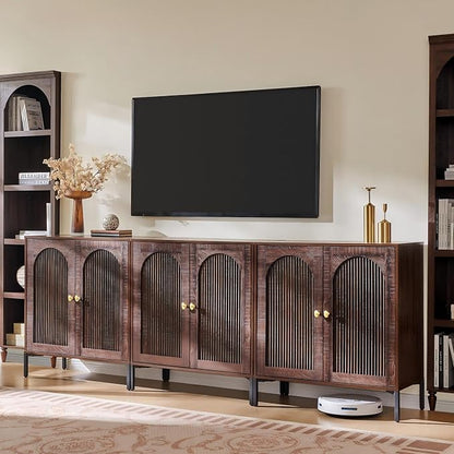 IFGET Modern Buffet Cabinet with Storage, 92.63" W Fluted Arched Sideboard Cabinet w/Adjustable Shelves, Wooden Modular Coffee Bar for Dining Room, Kitchen, Living Room, Entryway, Brown