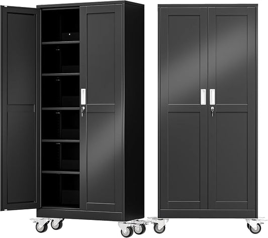 75" Metal Garage Storage Cabinet with Wheels and Locking Doors and Tall Rolling Steel Tool Cabinet with 5 Adjustable Shelves for Garage,Home,Office,Shop (Black, 75''H x 32''W x16''D)