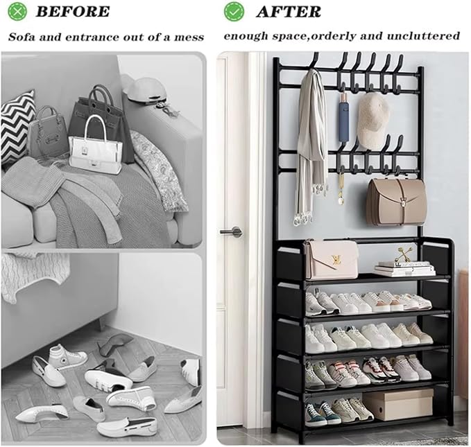 ikaufen 5-Tier Entryway Coat Rack Shoe Shelf, 2-in-1 Hall Tree with 8 Hooks, Thickened Plastic Storage Organizer for Shoes, Bags, Hats (Black/White) (White 80cm +8 Hooks+12 Bag)
