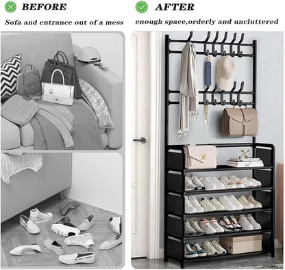 ikaufen 5-Tier Entryway Coat Rack Shoe Shelf, 2-in-1 Hall Tree with 8 Hooks, Thickened Plastic Storage Organizer for Shoes, Bags, Hats (Black/White) (White 80cm +8 Hooks+12 Bag)