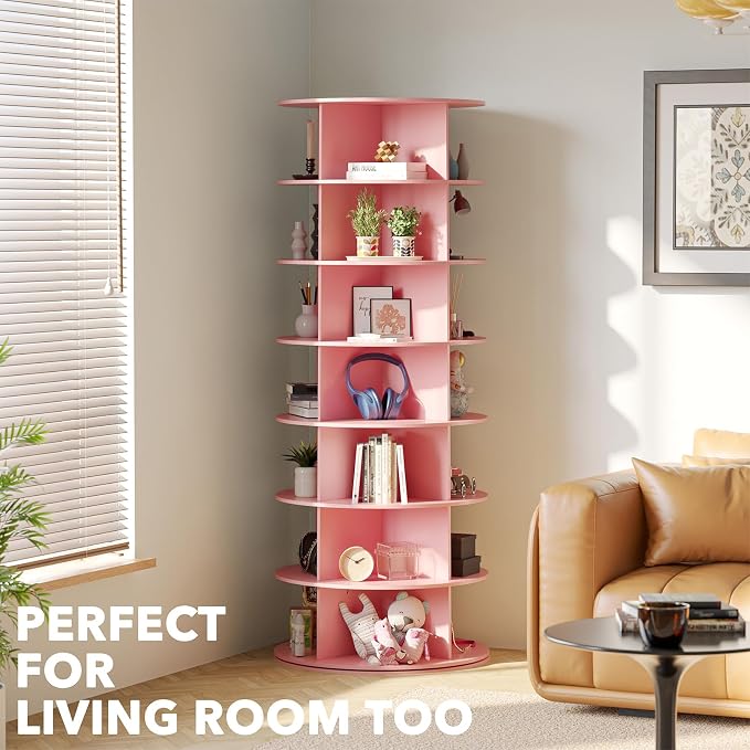 SpaceAid 7 Tier Rotating Shoe Rack Tower, Spinning Shoe Display Lazy Susan, Revolving 360 Shoe Rack Storage Round Carousel, Vertical Handbag Rotate Shoes Closet Organization (7-Tier Pink)