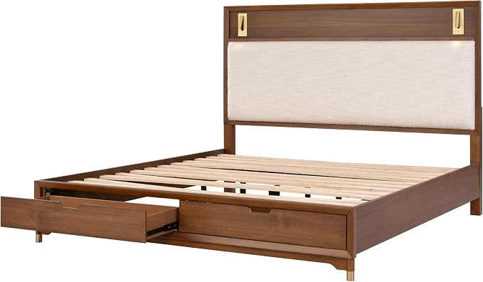 Furniture of America Forma Modern Solid Wood 4-Piece Bedroom Set with Storage Bed with LED Lights, Ball-Bearing Glide on Nightstand and Dresser with Mirror, No Box Spring Needed, King, Walnut