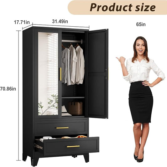 Metal Wardrobe Storage Cabinet with Mirror and Hanging Rod,71'' Metal Clothing Cabinet with 2 Doors and 2 Adjustable Shelves for Bedroom, Laundry Room, Cloak Room (Black)