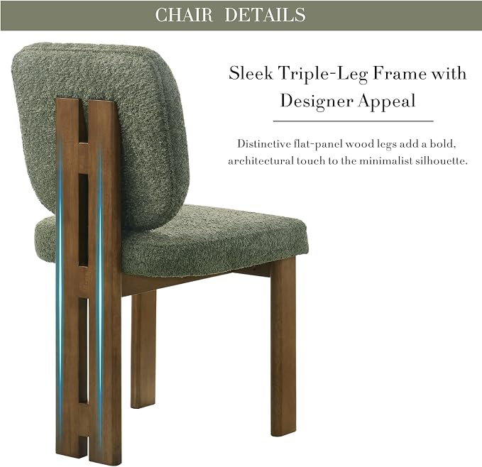 CIMOTA Chenille Dining Chairs Set of 2, Modern Upholstered Side Chairs with Walnut Wooden Frame and Contoured Backrest, Mid-Century Inspired Accent Chairs for Dining Room, Green