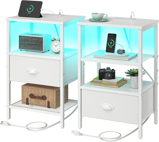 sthmec Nightstands Set of 2, LED Night Stands with Charging Station and Fabric Drawer, Bedside Tables with Drawers, 2- Tier LED Side Table End Table Charging Station Bedroom, White