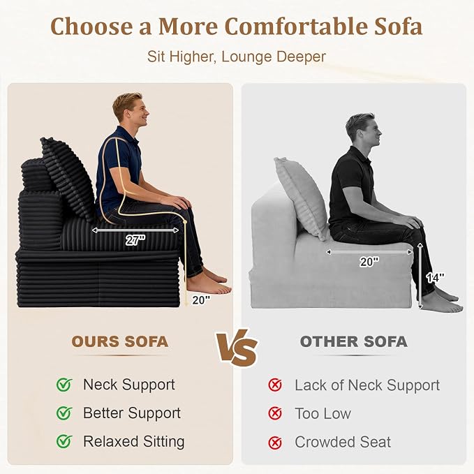 Upgrade Boneless Couch with Storage, Extra Deep&High Seat Modular Sectional Sofa 3 Seater L Shaped Cloud Couch with Ottoman, Tool-Free Assembly Sectional Couches for Living Room, Black