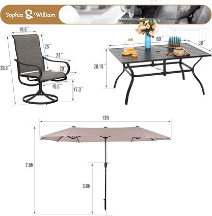 Sophia & William Patio Set with Umbrella 8 Pieces Outdoor Dining Set for 6 with 13ft Double-Sided Umbrella Beige, 6 x Swivel Patio Chairs Brown, 1 Metal Table for Lawn Garden (No Umbrella Base)