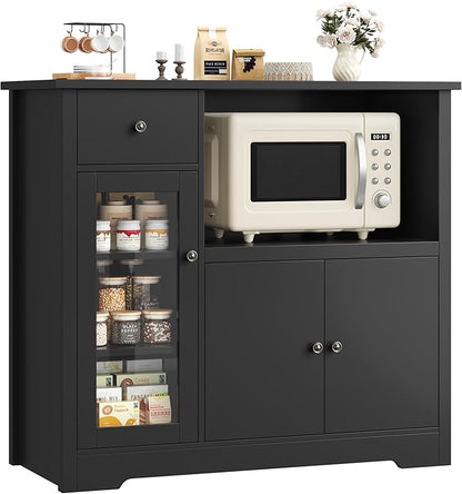 HORSTORS Microwave Cabinet, Kitchen Storage Cabinet with 3 Doors and 1 Drawer, Buffet Sideboard with Adjustable Shelves, Microwave Stand for Kitchen, Dining Room, Black