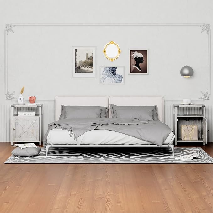 Farmhouse Nightstand with Charging Station, Grayish White End Table Bedroom with Storage Living Room Side Table Beige Night Stand Industrial Bedside Bed Table with USB Ports and Outlets