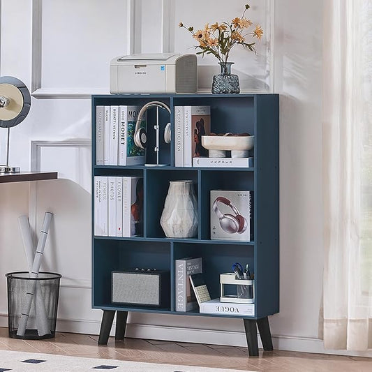 LEYAOYAO Cube Bookshelf 3 Tier Mid-Century Rustic Dark Blue Modern Bookcase with Legs,Retro Wood Bookshelves Storage Organizer Shelf,Freestanding Open Book Shelves for Bedroom,Living Room,Office