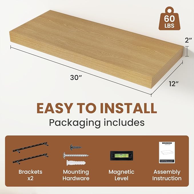 Vivelove 12 Inch Deep Floating Shelves 30 inch Long, 2 Inch Thick Wall Shelves with Invisible Brackets, Shelf for Bedroom Bathroom Living Room Kitchen Office Home Decor, Modern Shelf Set of 2, Oak