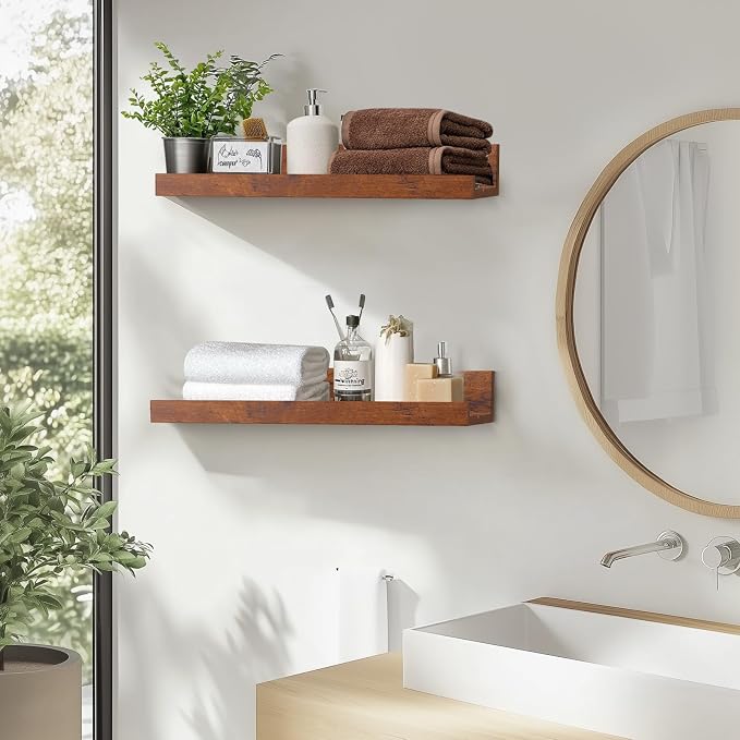 Muzilife 12" Small Floating Wall Ledge Shelves with Lip - Set of 4 Wood Floating Shelves - Walnut Brown Wall Mounted Picture Ledge for Office, Bathroom, Bedroom, Living Room, Kitchen