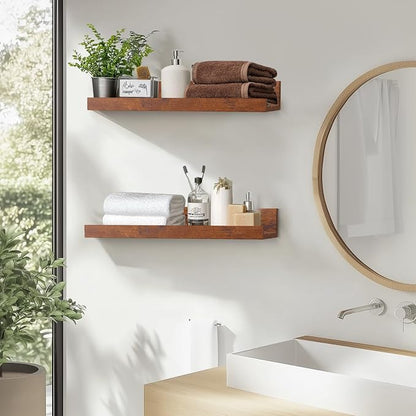 Muzilife 12" Small Floating Wall Ledge Shelves with Lip - Set of 4 Wood Floating Shelves - Walnut Brown Wall Mounted Picture Ledge for Office, Bathroom, Bedroom, Living Room, Kitchen