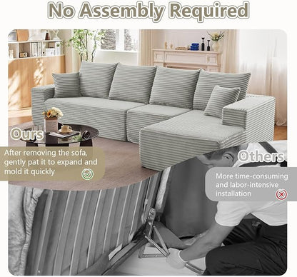135" Cloud Sectional Couch with L-Shape Chaise, Modern Modular Comfy Sofa Chaise Longue, Upholstered Corduroy Couches Sleeper with Deep Seat for Living Room Bedroom, No Assembly Required, Grey