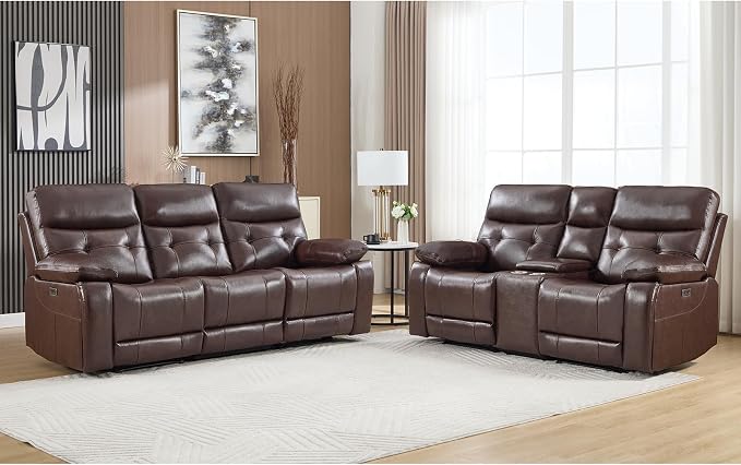 CANMOV Genuine Leather Power Reclining Sofa Set, Power Recliner Sofa and Loveseat Set, 2 Pieces Leather Couch with Storage Console, USB Ports, Cup Holders for Living Room,Dark Brown