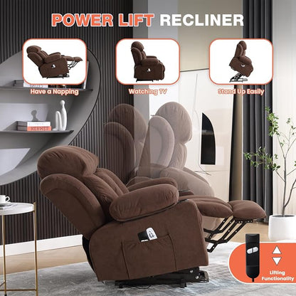 MAHOMICO Power Lift Recliner Chair for Elderly with Vibration Massage and Lumbar Heating, Electric Lift Recliner Single Sofa with Side Pocket, Two Cup Holders and USB Charge Port for Living Room