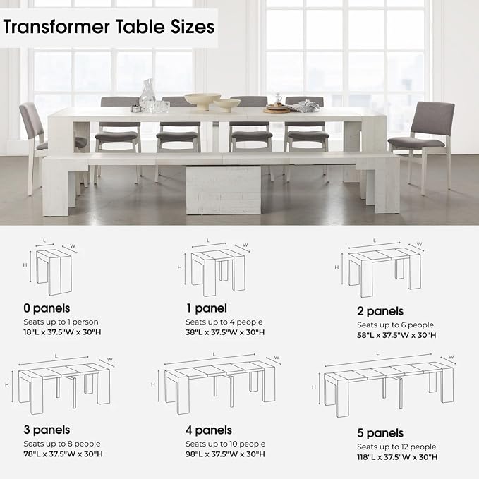 Transformer Table - Solid Wood Extendable Dining Table, Seats 2-12, Expandable Dining Room Table, Space-Saving Furniture, Kitchen and Dining Room Furniture (White, Table + Coffee Table)
