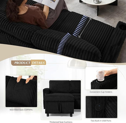 84" Corduroy Upholstered Sofa Bed w/Adjustable Backrests, Convertible Pull Out Sofa Bed w/USB Ports, L-Shape Sectional Sleeper Couch w/Cup Holder for Living Room,Apartment, Black