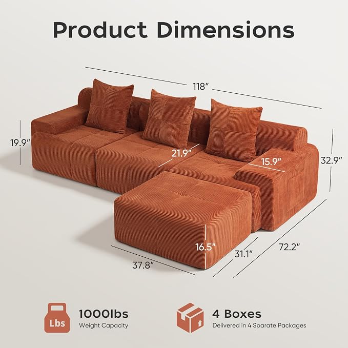 118" Sectional Boneless Oversize Modular Couches, Curved Cloud Sectional Sofa for Living Room, Corduroy L Shape Deep Seat Sofa with Ottoman, No Assembly Required,Terracotta Orange