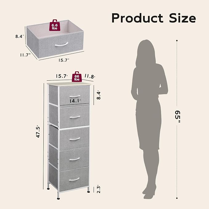 WLIVE Fabric Dresser, 5-Drawer Tall Dressers for Bedroom, Storage Dresser Organizer with Fabric Bins, Wood Top, Sturdy Steel Frame, Chest of Drawers for Closet, Hallway, Light Grey