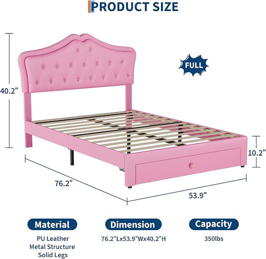 Garvee Full Size Bed Frame with LED Lights & Velvet Crystal Button Headboard, Upholstered Boy/Girl Platform Bed with Storage Drawer, Noise Free, No Box Spring Needed for Kids, Teens, Pink