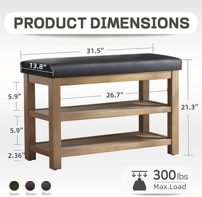 Zihanhome Shoe Rack Bench with Leather Cushion, 2 Tier Solid Wood Storage Bench, Mid-Century Modern Shoe Bench for Entryway, Hallway, Closet, Front Door Entrance, Foyer (Black, 31.5)