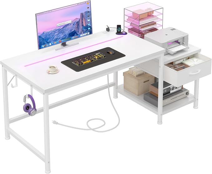 DurayLoly 48" White Desk with Printer Shelf & Power Outlets – Reversible Computer Desk with LED Lights, Drawer & Headphone Hook for Dorm,Teens Study Room,White