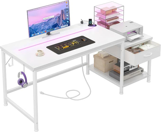 DurayLoly 48" White Desk with Printer Shelf & Power Outlets – Reversible Computer Desk with LED Lights, Drawer & Headphone Hook for Dorm,Teens Study Room,White