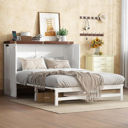 PVWIIK Full Size Murphy Bed with Storage Drawer and UPB,Solid Pine Cabinet Bedframe for Home Office, Guest Room,Multifunctional Bed,White&Walnut