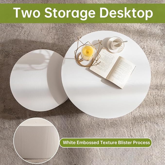 Round Nesting Coffee Table Modern White Fluted Coffee Table Set of 2 Stripe Round Coffee Tables Drum Crescent Side Table Accent End Table for Living Room (White A Small)