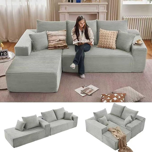 96" Modular Sectional Sofa, Modern Corduroy Cloud Couch with Deep Seat, Boneless Couch Upholstered 3-Seater L-Shaped Sofa for Living Room, No Assembly Required (Light Gray, Left-Facing Chaise)